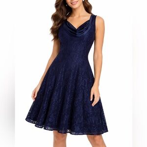 MIUSOL Women Navy Blue Lace Dress M Sleeveless Cowl Neck Fit Flare Cocktail